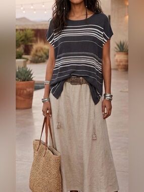 EILEEN FISHER PONCHO TOp L GRAPHITE ORGANIC LINEN CREPE KNIT BATEAU boho cottage